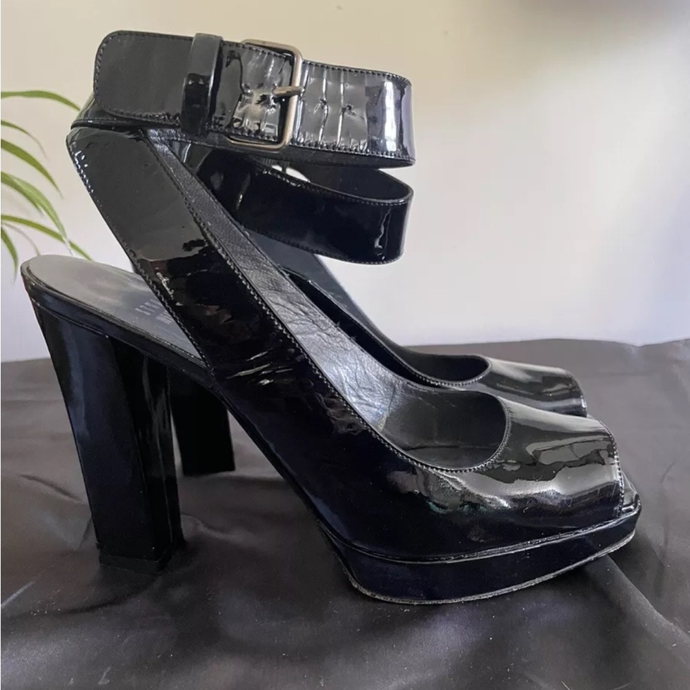 Stuart Weitzman REALDEAL Platform Heels Sandals Black Patent Women's Size 6.5